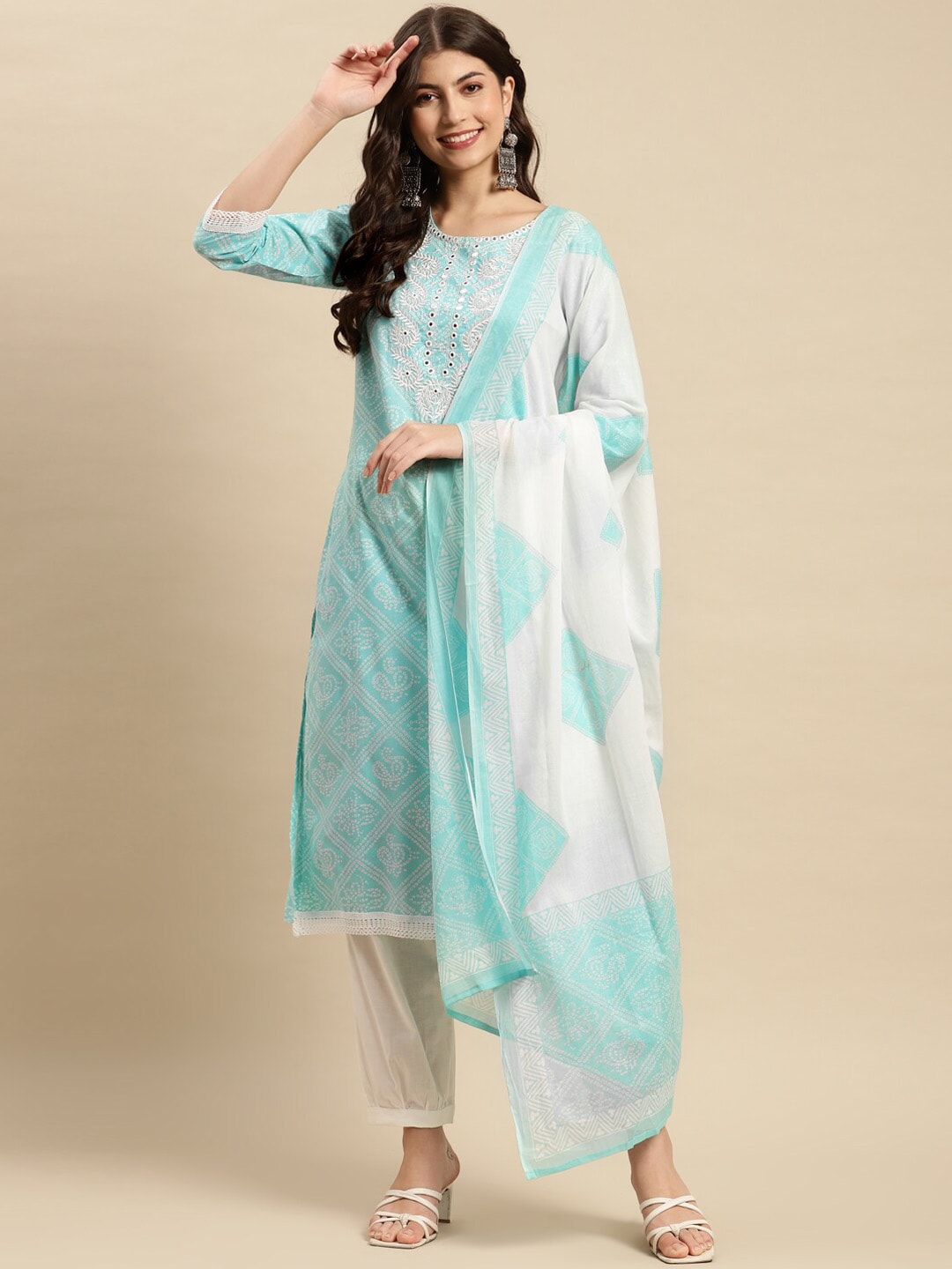 Sangria Turquoise Blue & White Geometric Printed Pure Cotton Kurta With Trouser & Dupatta - Distacart