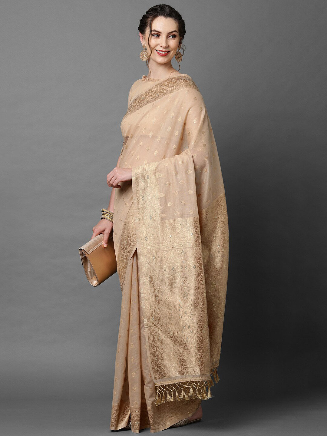 Mitera Cream-Coloured & Gold-Coloured Ethnic Motifs Silk Blend Banarasi Saree - Distacart