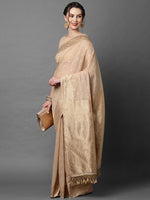Thumbnail for Mitera Cream-Coloured & Gold-Coloured Ethnic Motifs Silk Blend Banarasi Saree - Distacart