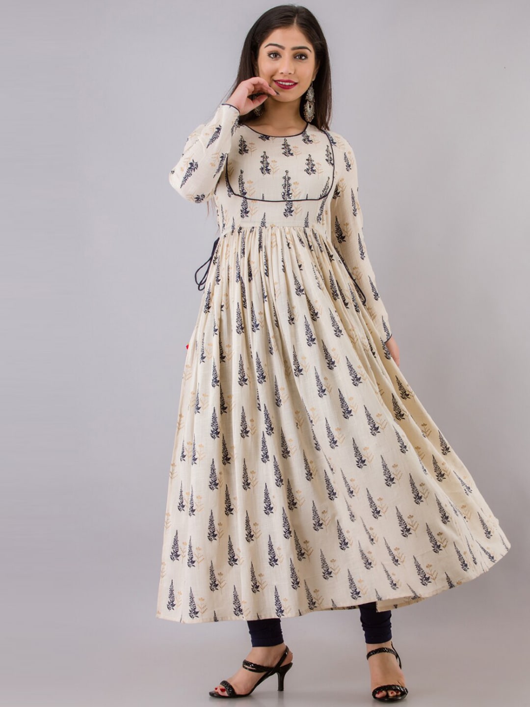 Kalini Women Beige Ethnic Motifs Printed Cold-Shoulder Sleeves Floral Anarkali Kurta - Distacart