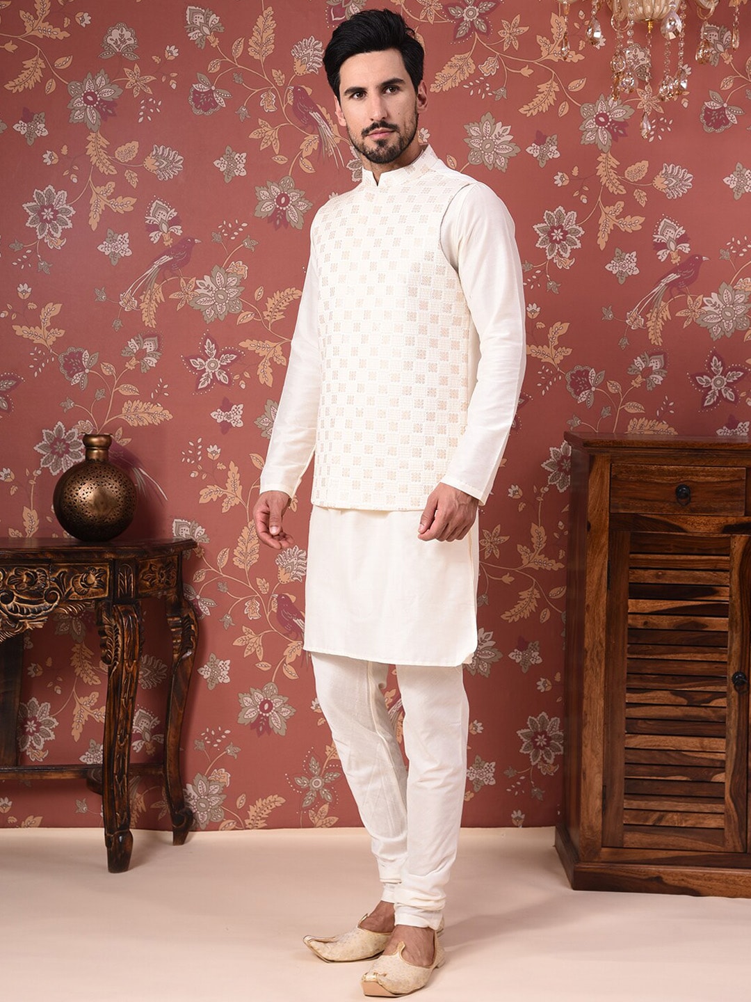 House of Pataudi Straight Kurta With Churidar & Embroidered Nehru Jacket - Distacart