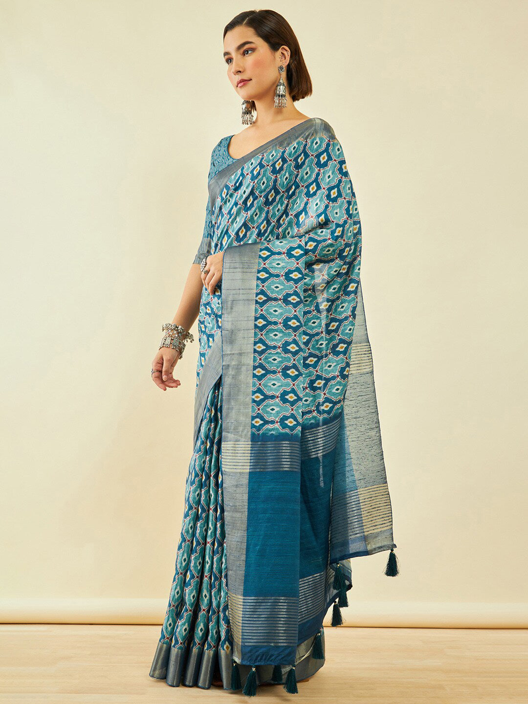 Soch Zari Silk Blend Ikat Saree - Distacart