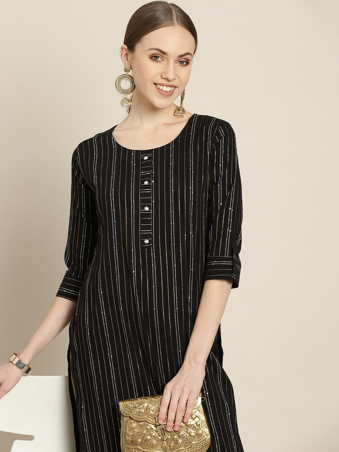 Sangria Women Black & White Striped Sequin Detail Kurta - Distacart