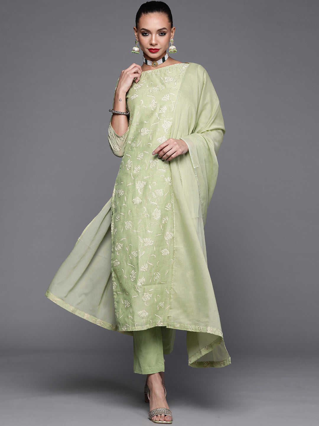Biba Women Green Ethnic Motifs Embroidered Kurta with Trousers & With Dupatta - Distacart