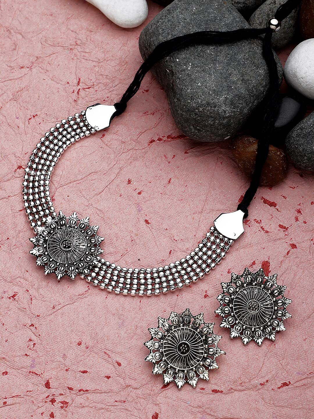 Cardinal Silver-Toned Black Oxidized Choker Necklace Set - Distacart