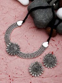 Thumbnail for Cardinal Silver-Toned Black Oxidized Choker Necklace Set - Distacart