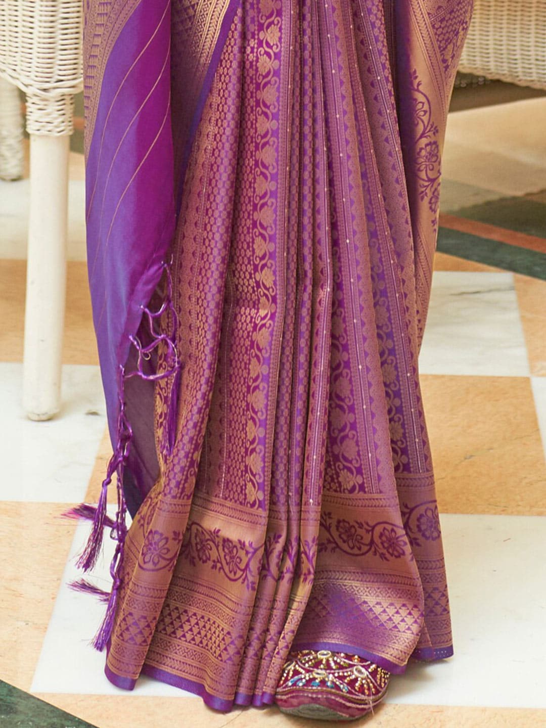 Mitera Purple & Golden Woven Design Zari Silk Blend Kanjeevaram Saree - Distacart
