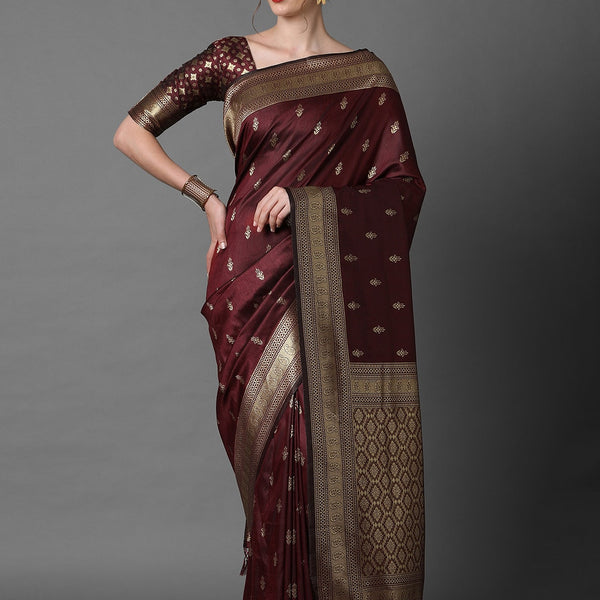 Mitera Brown & Gold-Coloured Ethnic Motifs Woven Design Silk Blend Banarasi Saree - Distacart