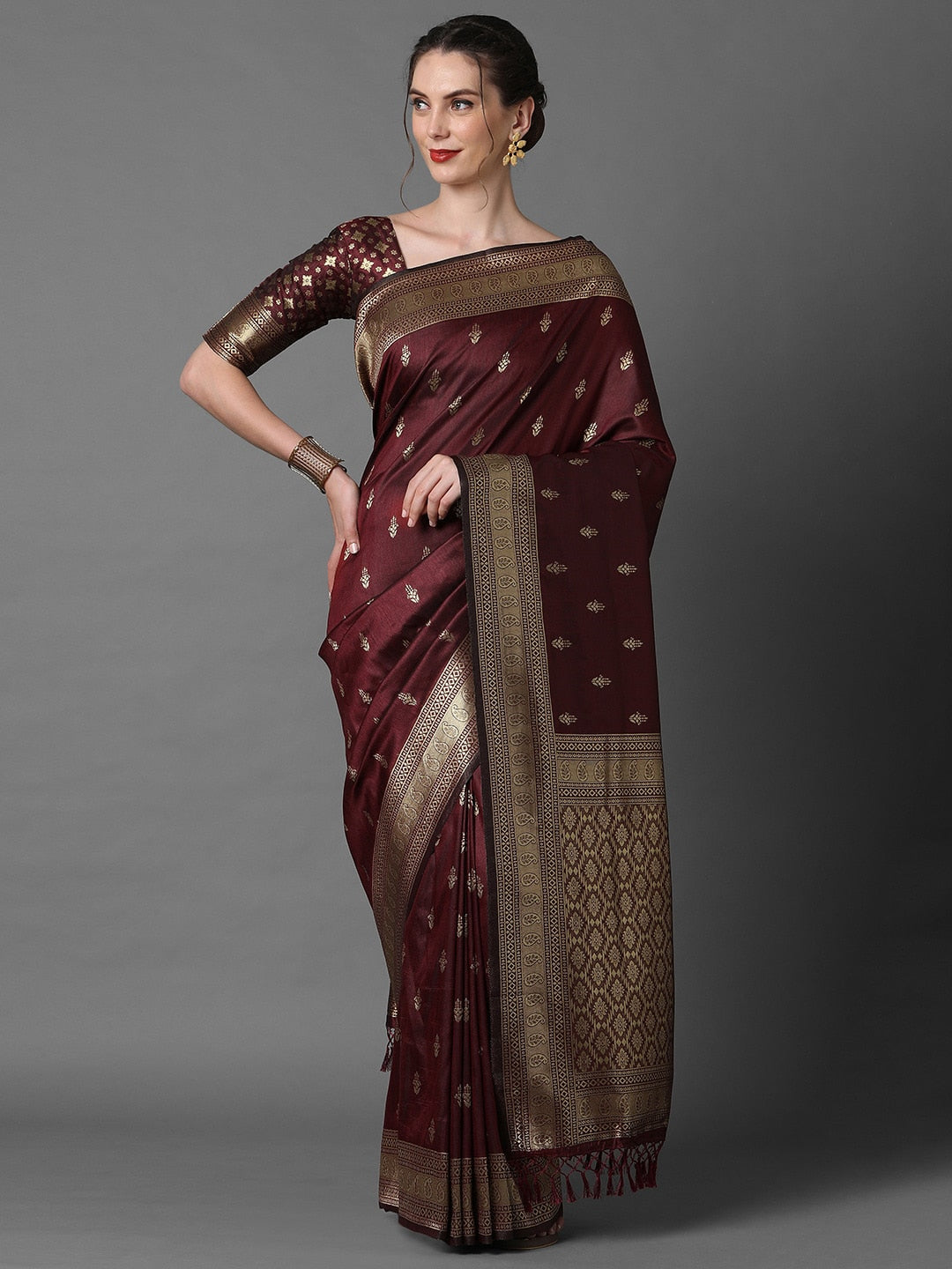 Mitera Brown & Gold-Coloured Ethnic Motifs Woven Design Silk Blend Banarasi Saree - Distacart