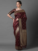 Thumbnail for Mitera Brown & Gold-Coloured Ethnic Motifs Woven Design Silk Blend Banarasi Saree - Distacart