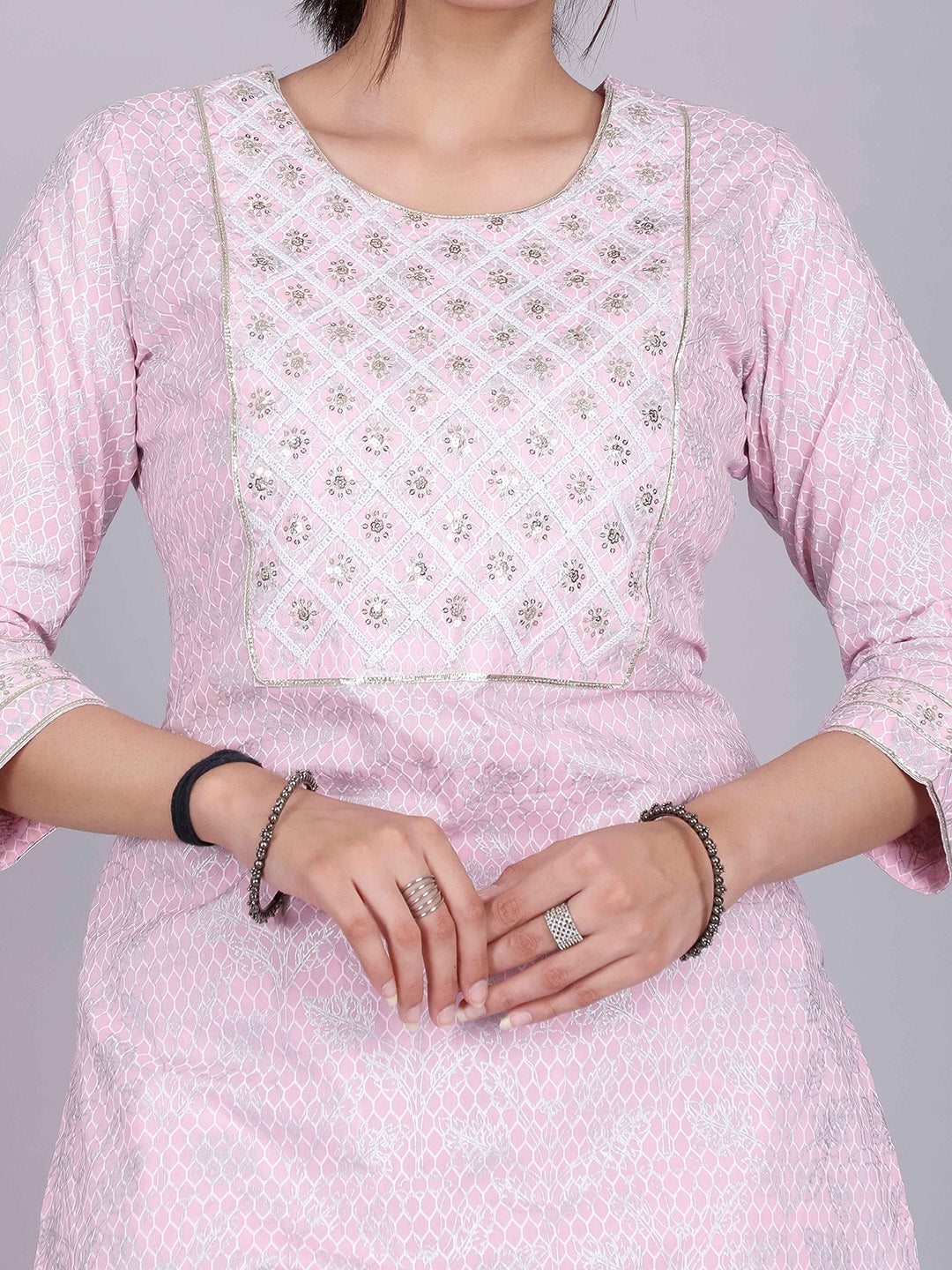 HERE&NOW Pink Ethnic Motifs Embroidered Sequinned Pure Cotton Kurta with Palazzos - Distacart