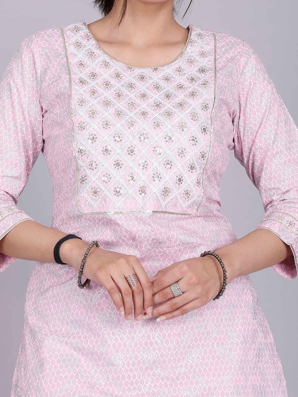 HERE&NOW Pink Ethnic Motifs Embroidered Sequinned Pure Cotton Kurta with Palazzos - Distacart
