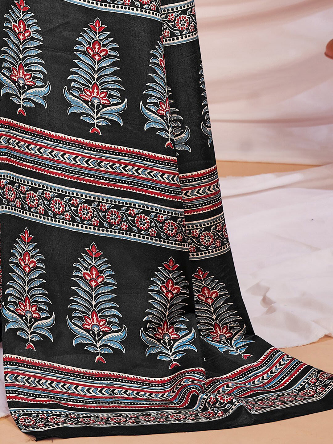 Saree Mall Ajrakh Silk Blend Block Print Sarees - Distacart