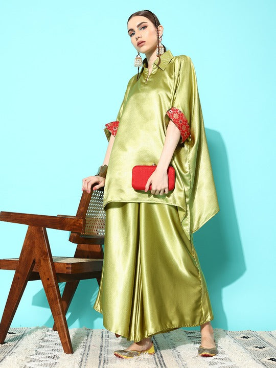 InWeave Women's Olive Red Brocade Satin Boho Kurta Palazzo Set - Distacart