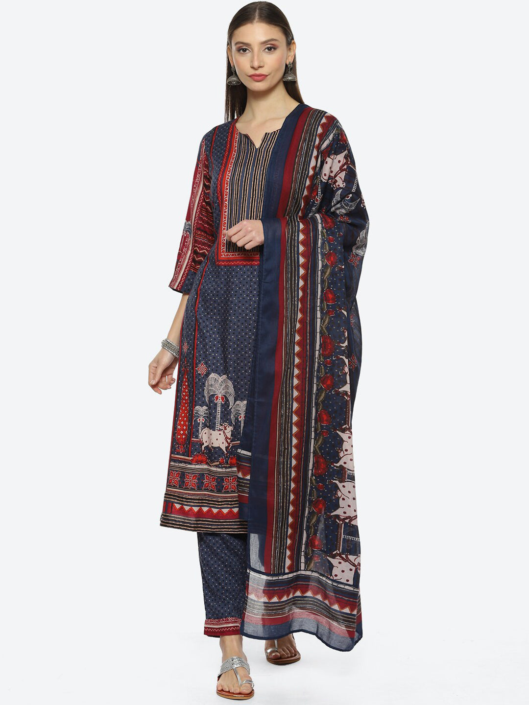 Biba Ethnic Motifs Printed Notched Neck Kurta with Trousers & Dupatta - Distacart