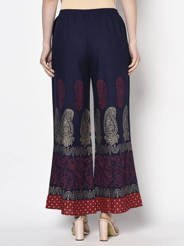 Aniyah Rayon Navy Blue Color Block Print Flared Slip-On Palazzo (AN-178K)
