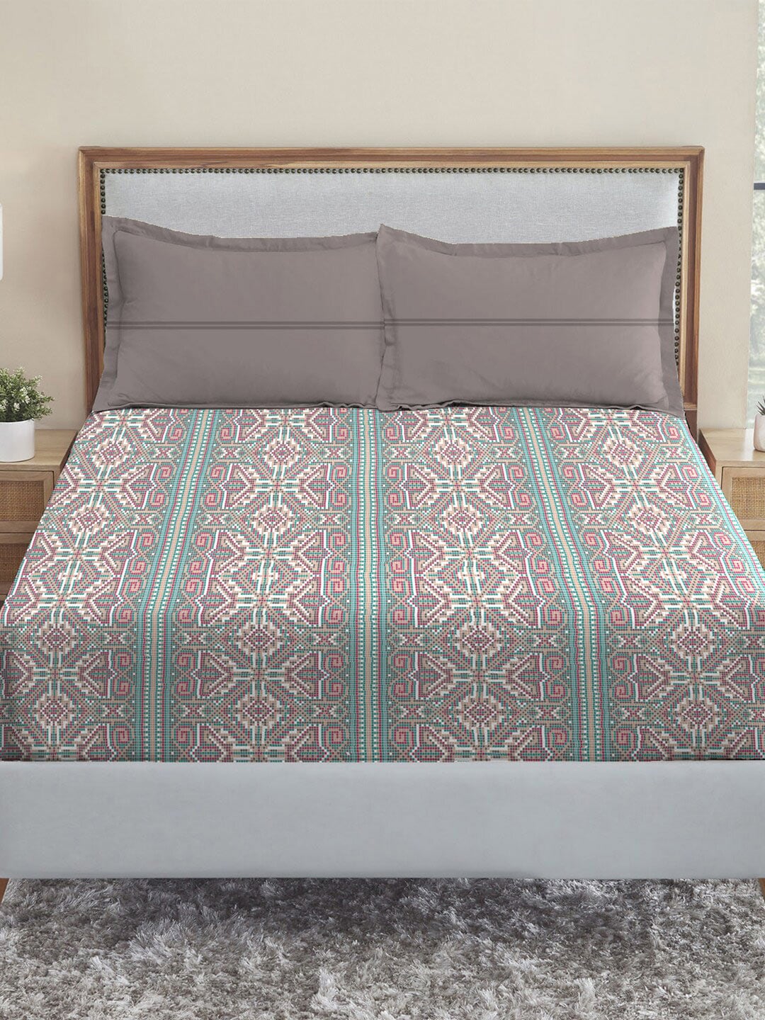 MYTRIDENT Dusk and Dawn Brown Printed Pure Cotton 144 TC Queen Bedsheet Pillow Covers - Distacart