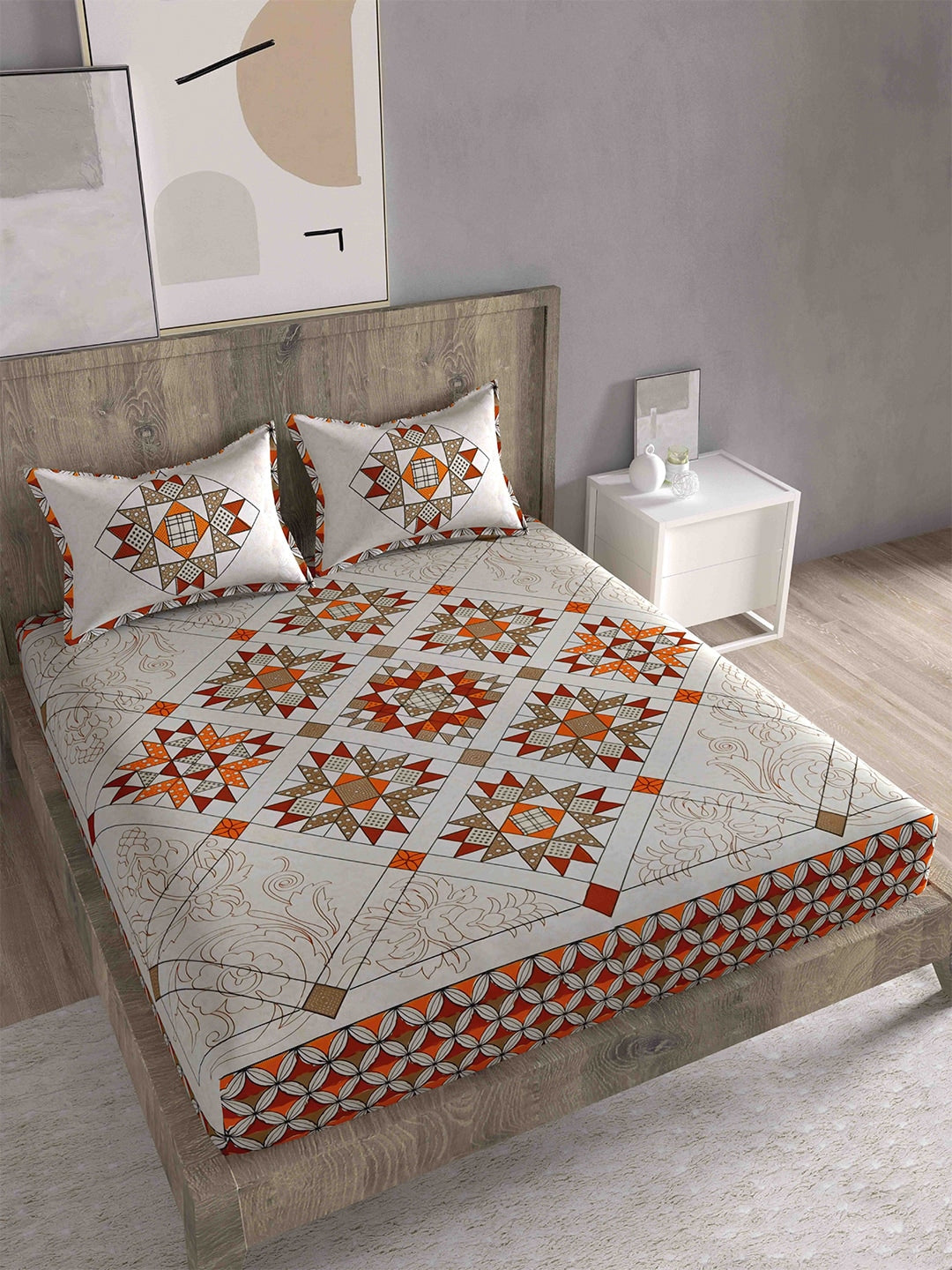 Spangle Red & Orange Ethnic Motifs 260 TC King Bedsheet with 2 Pillow Covers - Distacart