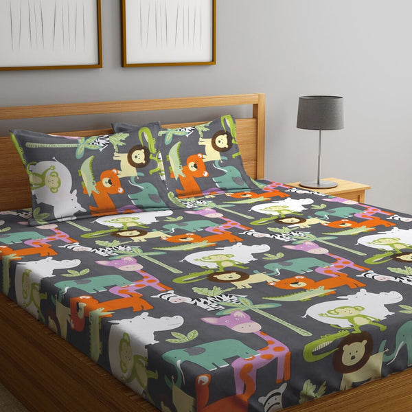 KLOTTHE Grey & Orange Cartoon Character Printed 300 TC King Bedsheet With 2 Pillow covers - Distacart