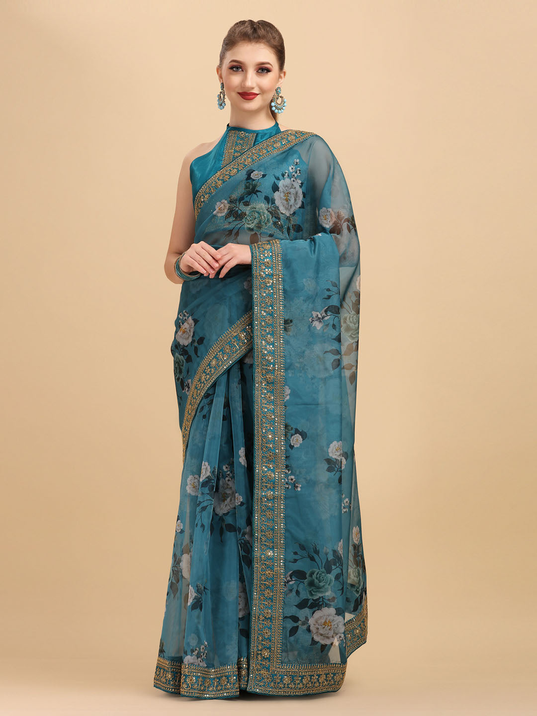 Sangria Teal & White Floral Embroidered Organza Saree - Distacart