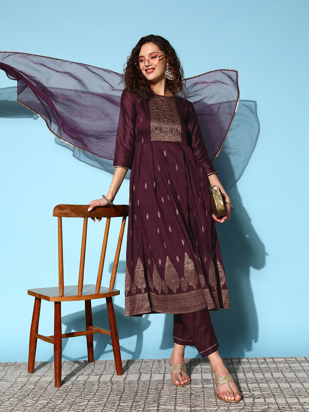 Sangria Ethnic Motifs Yoke Design Pleated Chanderi Silk Kurta with Trousers & Dupatta - Distacart