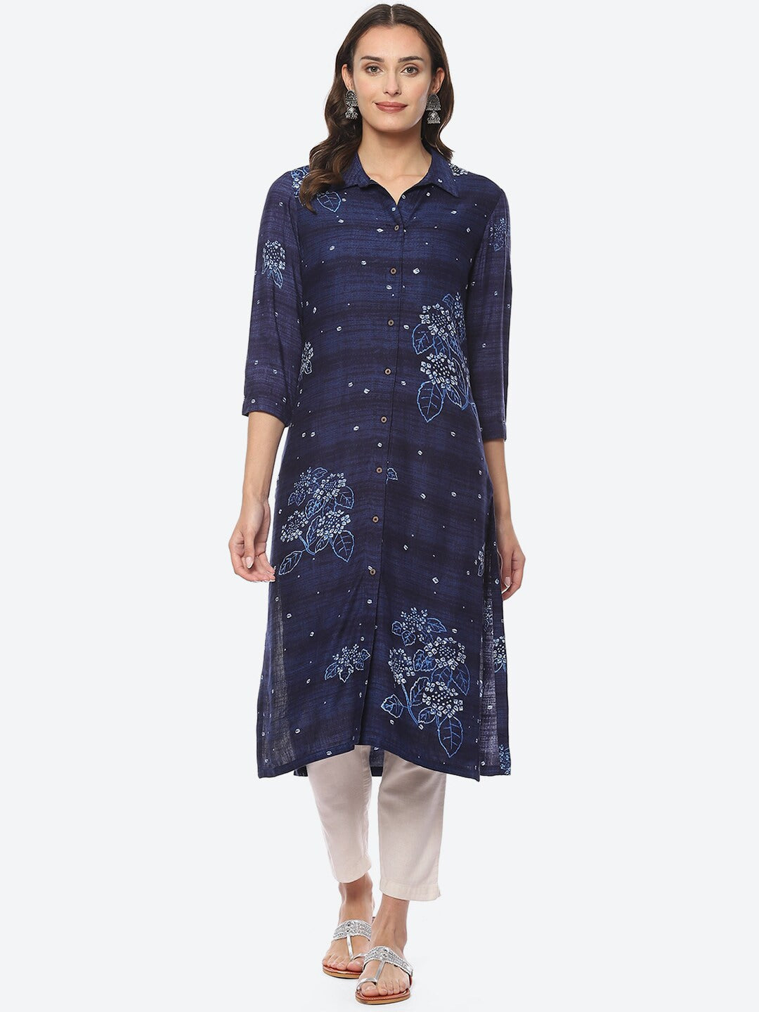 Biba Shirt Collar Floral Printed Kurta - Distacart