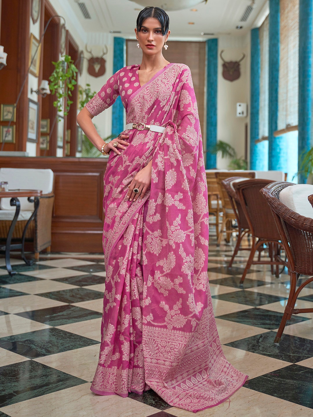 Mitera Pink & White Woven Design Linen Blend Muga Saree - Distacart