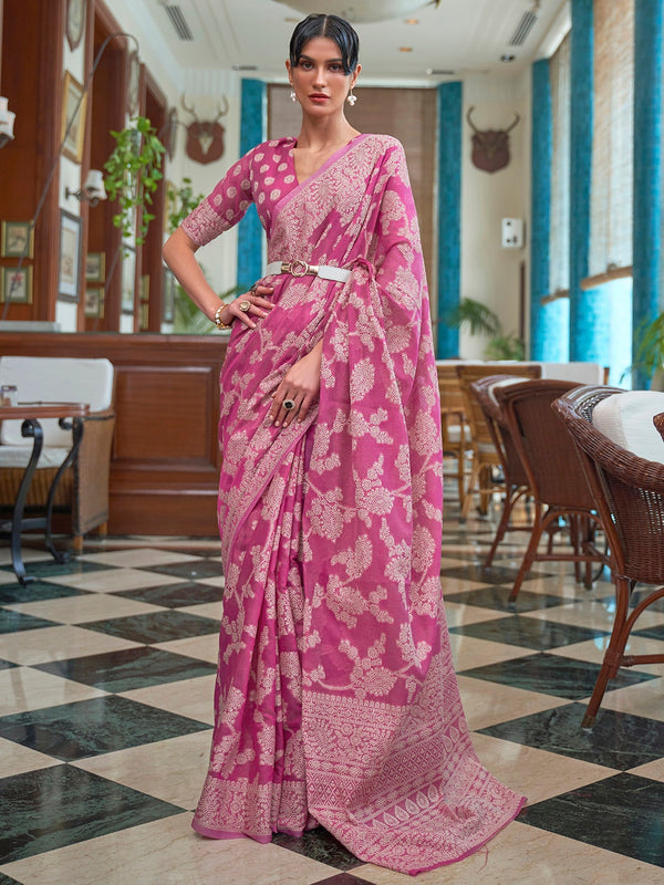 Mitera Pink & White Woven Design Linen Blend Muga Saree - Distacart
