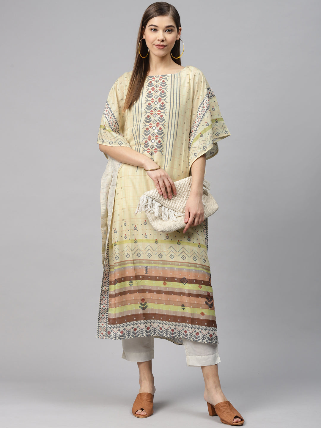 Biba Women Yellow & Navy Blue Printed Kaftan Kurta - Distacart
