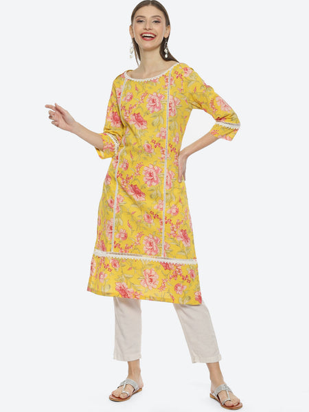 Biba Women Floral Printed Panelled Pure Cotton Straight Kurta - Distacart