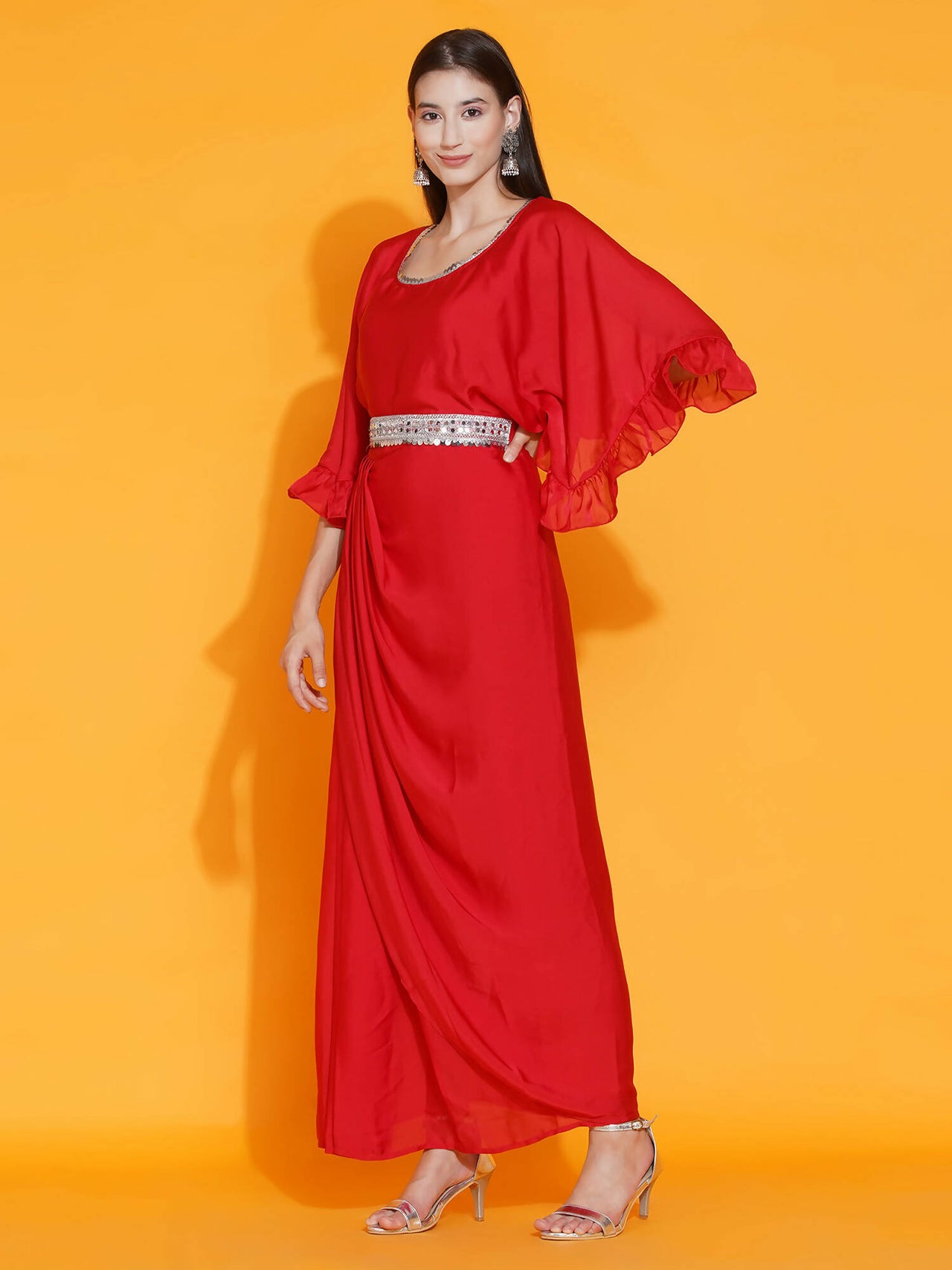 Women Republic Red Georgette Gown With Embellished Belt - Distacart