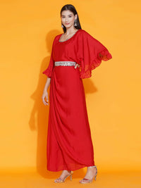Thumbnail for Women Republic Red Georgette Gown With Embellished Belt - Distacart