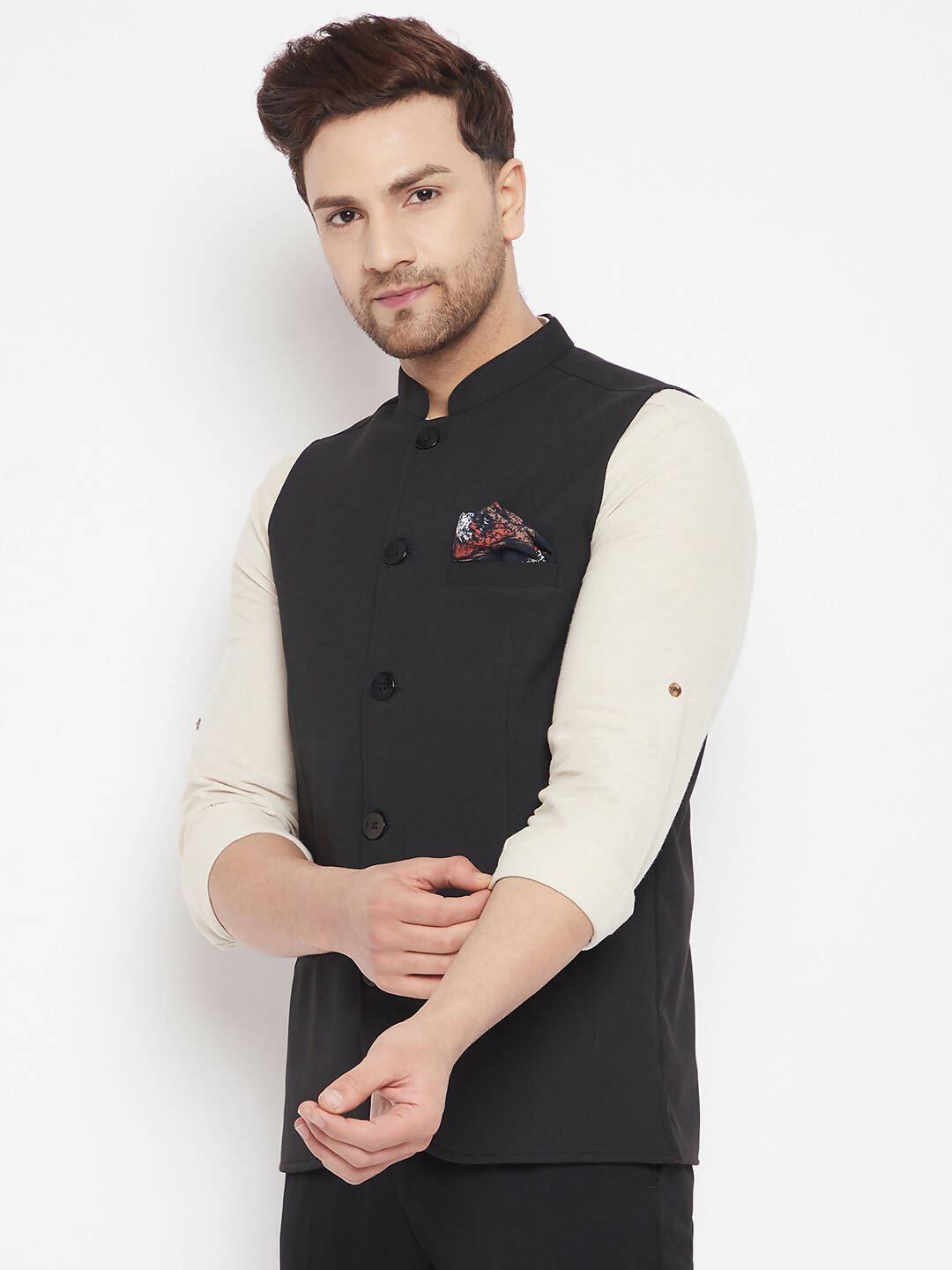 Even Apparels Black Merino Men's Nehru Jacket-Contrast Lining-Inbuilt Pocket Square - Distacart
