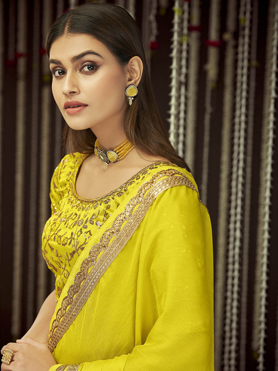 Myra Yellow Chinon Silk Heavy Embroidered Designer Saree - Distacart