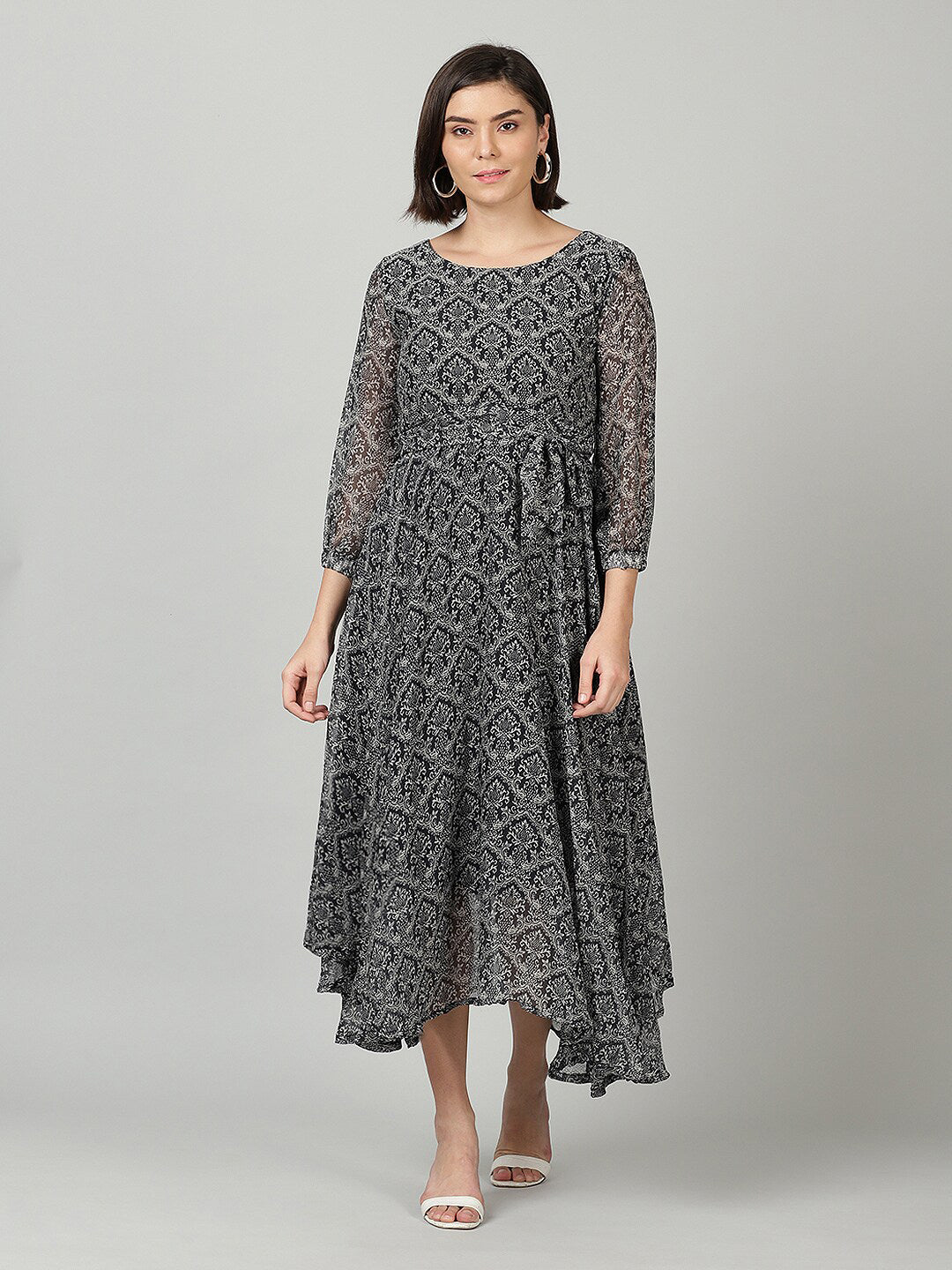 Souchii Women Grey & Black Ethnic Motifs Chiffon A-Line Midi Dress - Distacart