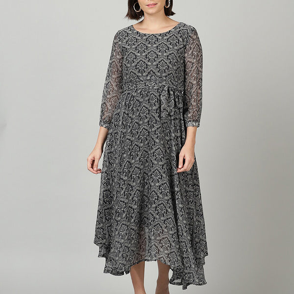 Souchii Women Grey & Black Ethnic Motifs Chiffon A-Line Midi Dress - Distacart