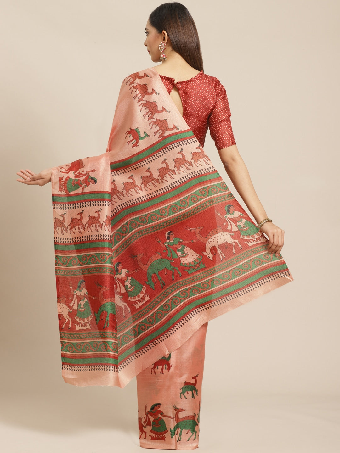Saree Mall Peach-Coloured & Red Printed Saree - Distacart