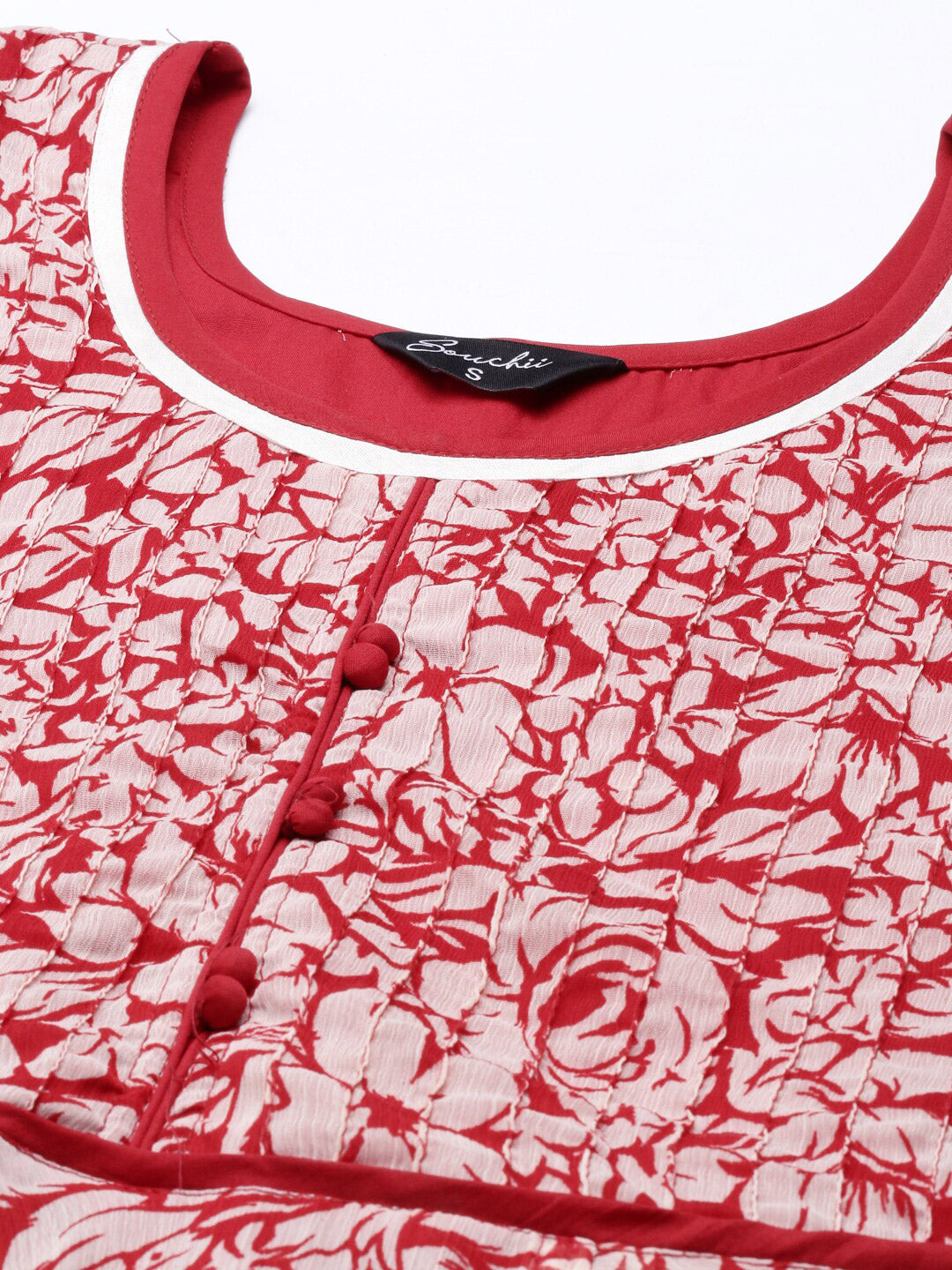 Souchii White & Red Floral Layered Chiffon Beautiful Midi Dress - Distacart
