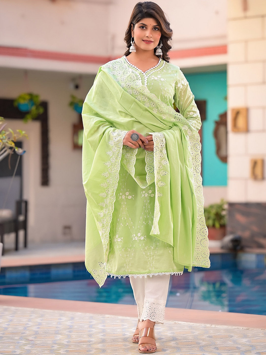 Sangria Green Embroidered Pure Cotton Straight Kurta With Trouser & Dupatta - Distacart