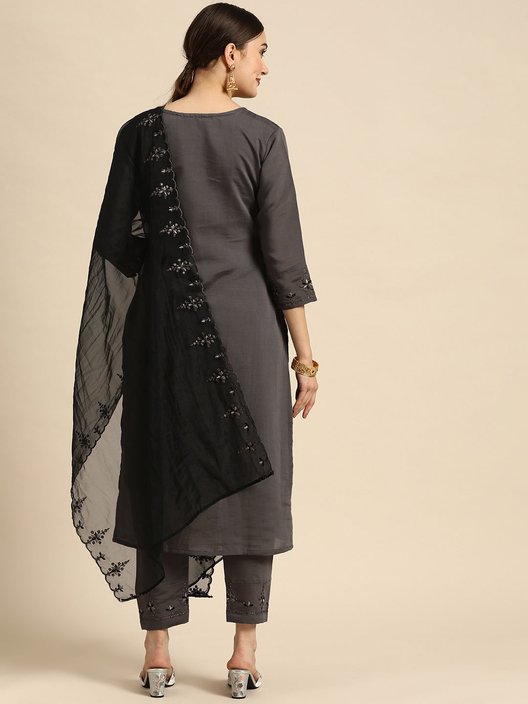 Sangria Women Grey Ethnic Motifs Embroidered Pure Cotton Kurta with Trousers & With Dupatta - Distacart
