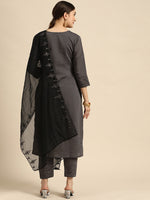 Thumbnail for Sangria Women Grey Ethnic Motifs Embroidered Pure Cotton Kurta with Trousers & With Dupatta - Distacart