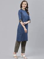Thumbnail for Biba Women Blue & Olive Green Solid Kurta with Trousers - Distacart