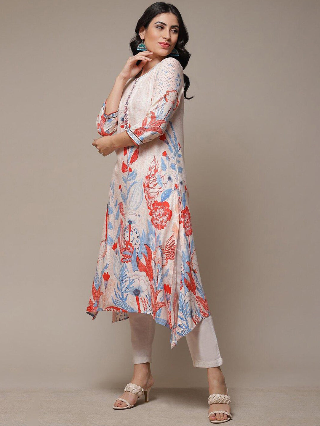 Biba Floral Printed Thread Work Beads Detail A-Line Asymmetric Kurta - Distacart