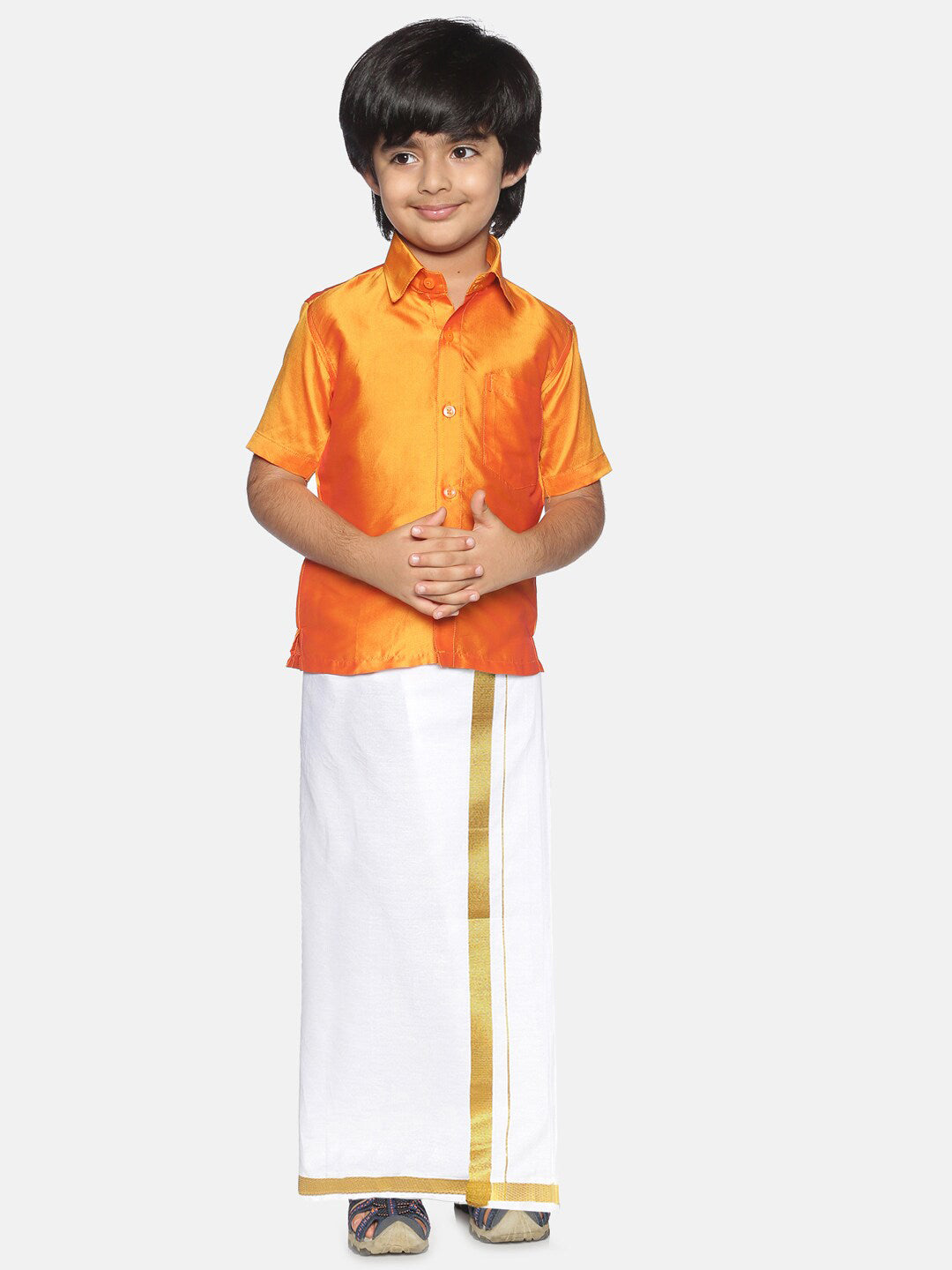 Sethukrishna Boys Orange & White Solid Shirt with Pure Cotton Dhoti Set - Distacart