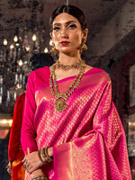 Thumbnail for Mitera Pink & Golden Ethnic Motifs Zari Silk Blend Kanjeevaram Saree - Distacart