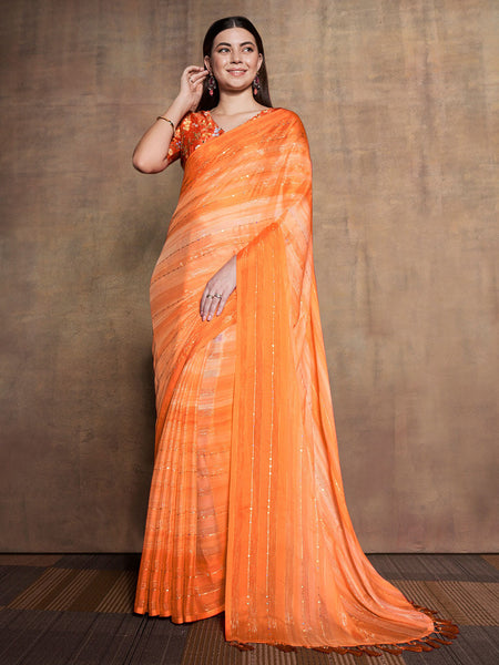 Mitera Orange Embellished Sequinned Pure Chiffon Saree - Distacart