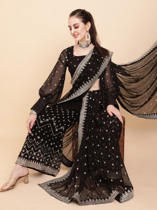 Sangria Black & White Embellished Sequinned Pure Georgette Palazoo Saree - Distacart