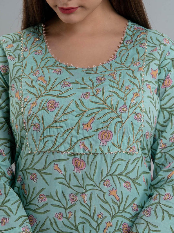 Kalini Women Sea Green Floral Yoke Design Pleated Pure Cotton Kurta with Trousers & With Dupatta - Distacart
