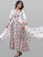 Thumbnail for Kalini Women White & Pink Floral Printed Flared Sleeves Floral Anarkali Kurta - Distacart