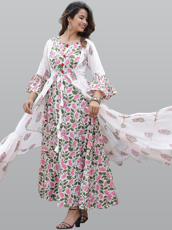 Kalini Women White & Pink Floral Printed Flared Sleeves Floral Anarkali Kurta - Distacart